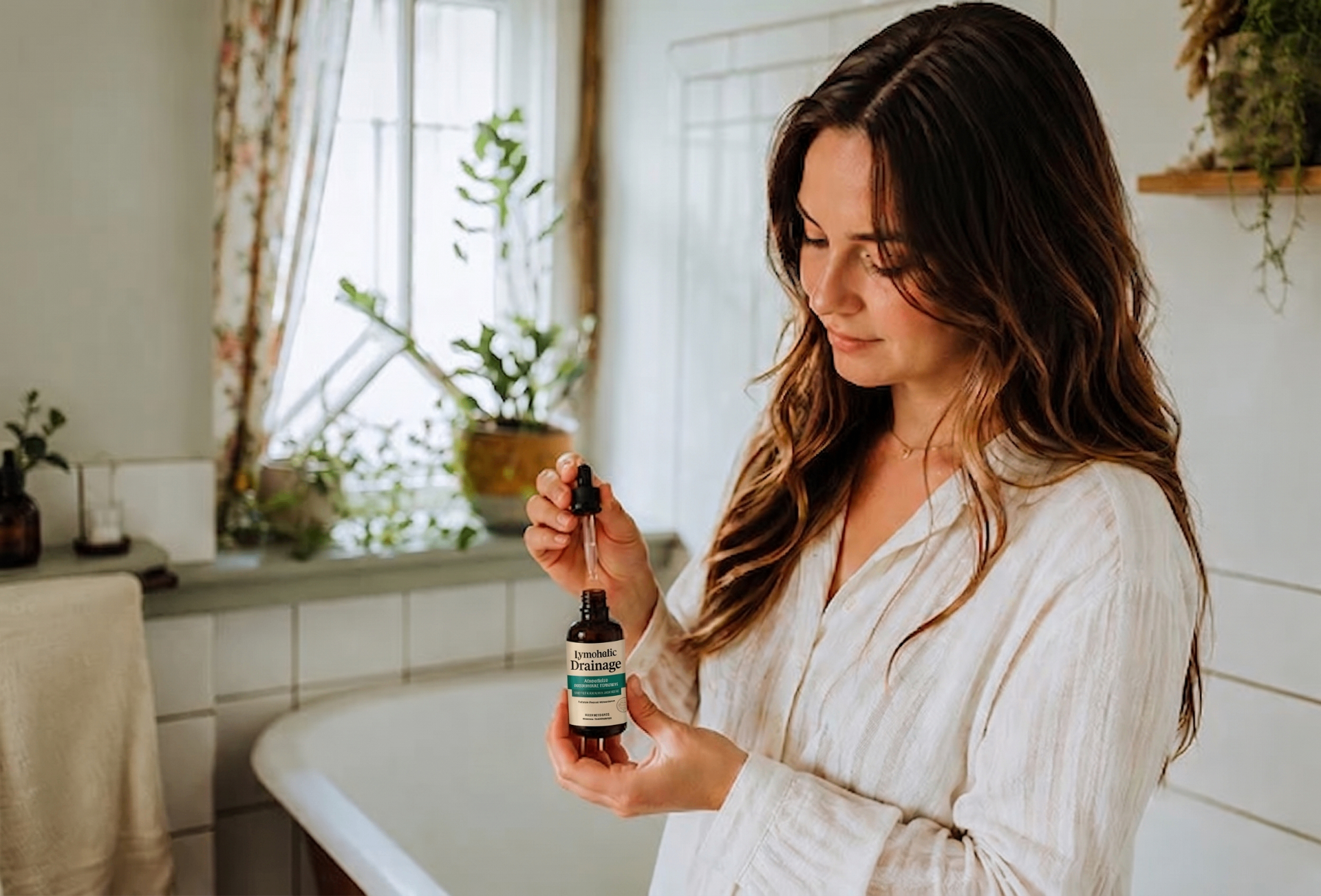 Woman using Lumora drops in her bathroom